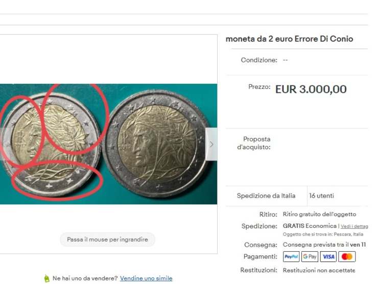 Moneta da 2 Euro con Errore di conio in vendita su eBay a 3000 euro(fonte eBay)